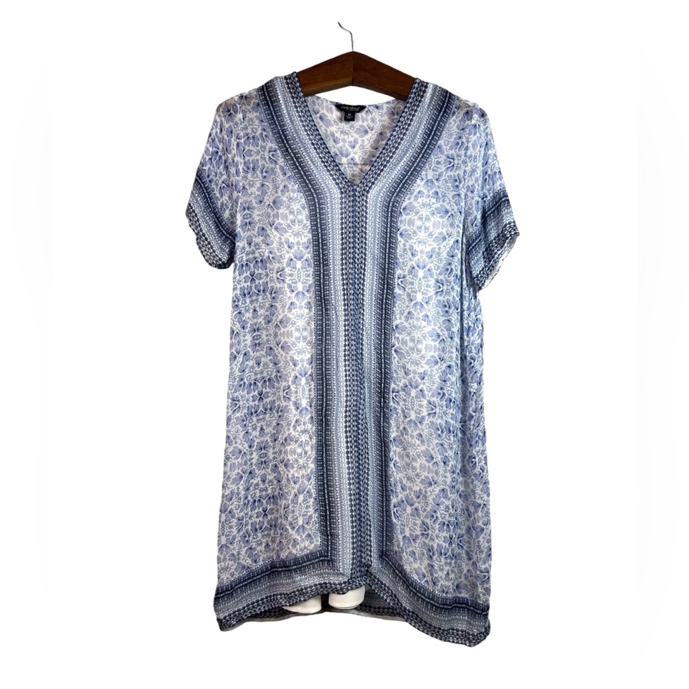 Lucky Brand Sheer Blue Floral Boho Tunic Short Dress Size M